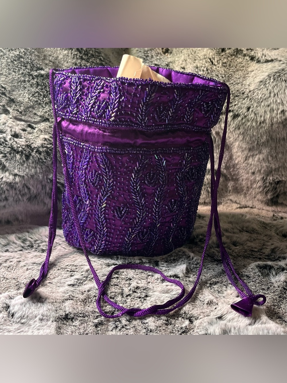Artisan Purple Glass Beaded Drawstring Bucket Bag, Hand Embellished - Picture 13 of 15